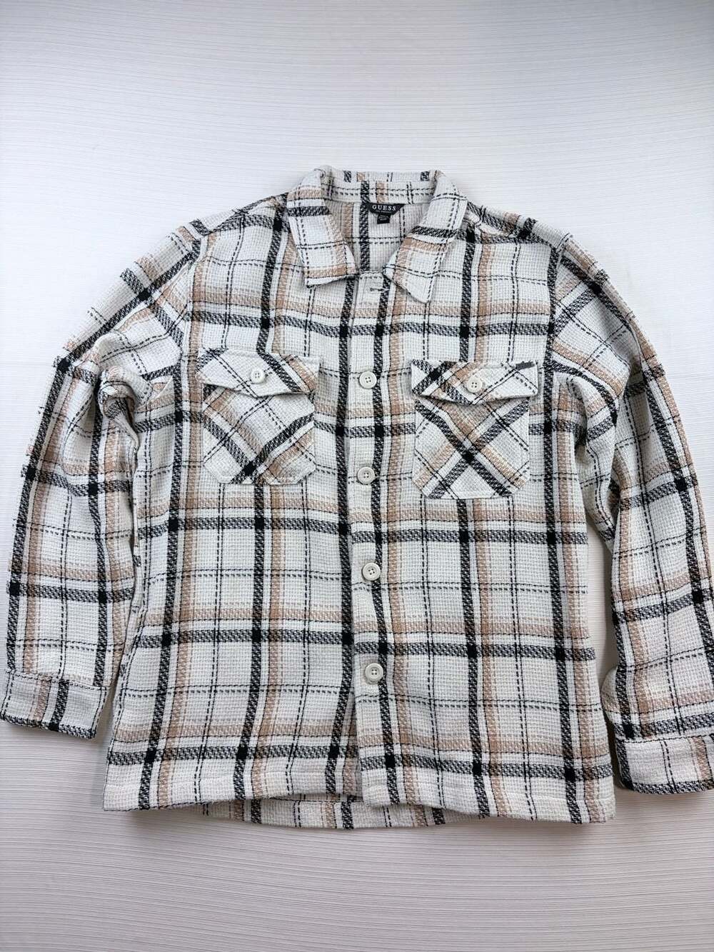 Guess Plaid Button Up Shacket Size M Cream Black Brown Tweed Long Sleeve